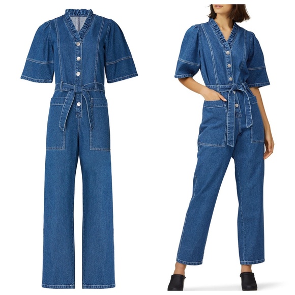 Sea New York Marble Denim Ruffle Button Front Jumpsuit - Size 2 - Picture 1 of 11